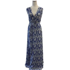 Womens Maxi Sun Dress M Criss Cross Back Blue White Drawstring Resort Beach